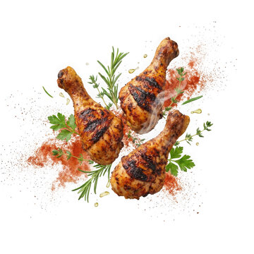 Grilled chicken drumsticks with herbs and spices isolated on transparent background