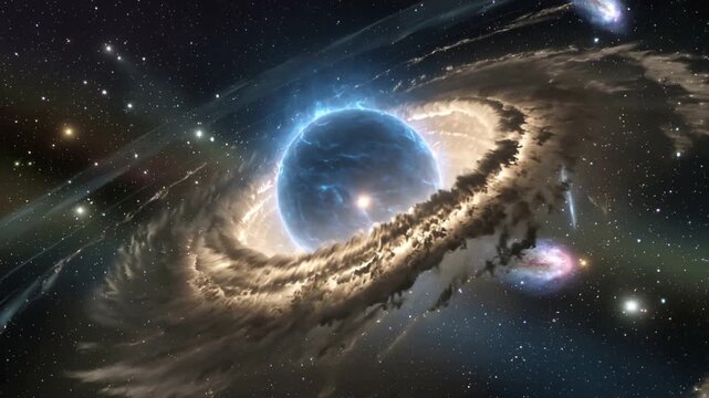 Panning camera revealing central blue sphere rotating and brightening in space to show ring details