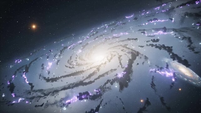 Zooming camera rotating over spiral galaxy, revealing bulge, purple knots, tidal debris, companion