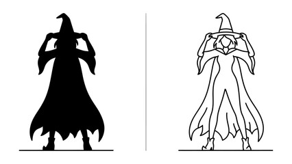 Witch Silhouette and Outline: A striking comparison of a witch, presented as a solid black silhouette and a detailed line art outline, both wearing a pointed hat and flowing cloak. © Sajid