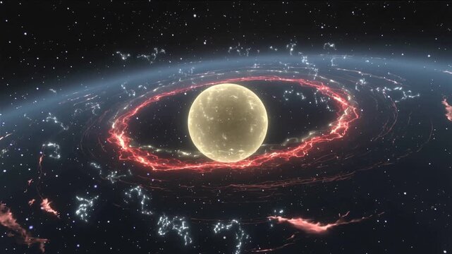 Opening showing central gold sphere pulsing red plasma ring, blue halo, drifting filaments in space