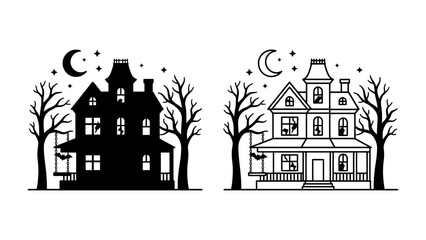 Spooky Halloween House Silhouette: A hauntingly beautiful Victorian house, depicted in both black silhouette and outline, stands under a spooky night sky adorned with stars, crescent moon. © Takiya