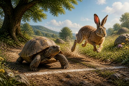 Tortoise and hare racing across dirt track in countryside