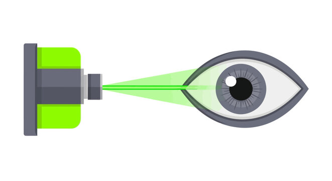 Laser Eye Surgery and Biometric Iris Scanning Vector Illustration. LASIK Ophthalmology and Eye Health Care Technology Concept.