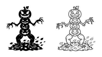 Scary Halloween Pumpkin Man: A spooky, anthropomorphic figure constructed from stacked pumpkins with carved faces and creepy clawed hands, stands amidst fallen leaves. © Harun