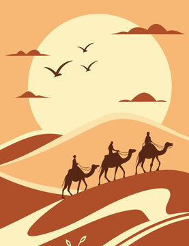 Beautiful Camel Desert Sunset Illustration