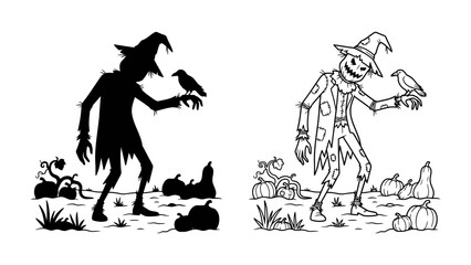 Scarecrow and Crow Duo: A charming scarecrow with a patched hat and ragged clothes stands in a field surrounded by pumpkins, holding a crow on its outstretched hand. © Harun