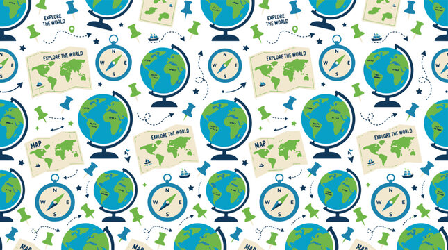 Seamless wallpaper pattern with world maps globes and navigation compass elements.