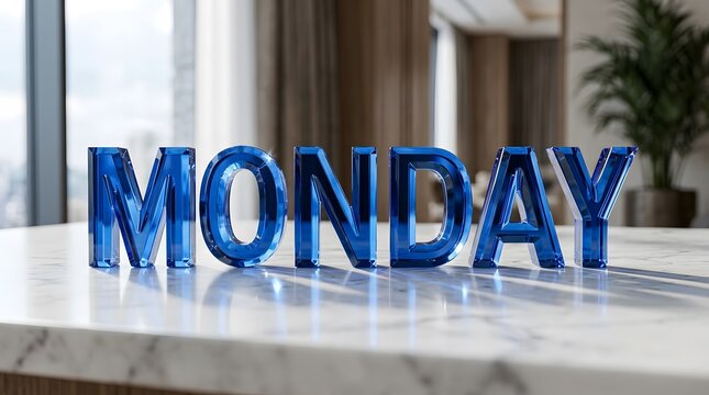 Blue Monday sign, day of week, office decor, glass letters, marble desk