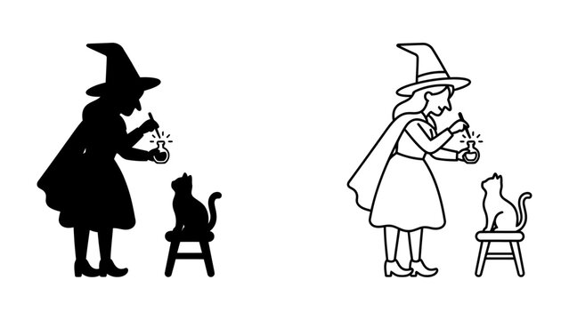 Witch and Cat Silhouette: A witch wearing a pointed hat and cloak is seen in silhouette, holding a potion bottle next to a cat sitting on a stool. A second outline illustration depicts the same scene.