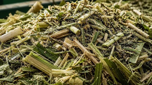 Agricultural resource recycling of green plant material, shredded crop straw, and plant waste for organic compost and mulch natural texture