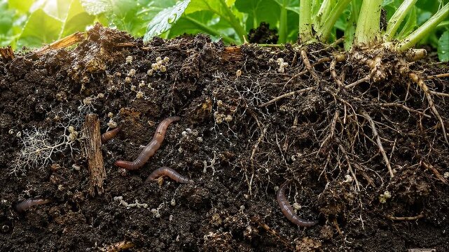 Circular Farming Soil with Earthworm, Root Network, Green Plant Growth, Organic Compost and Healthy Soil Ecology