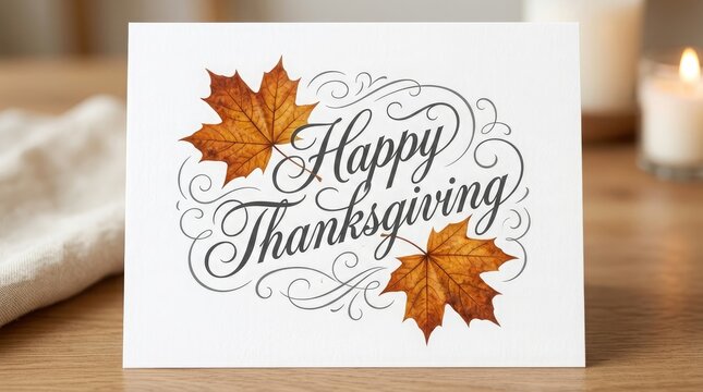 Festive thanksgiving card with autumn leaves and elegant calligraphy for holiday greetings