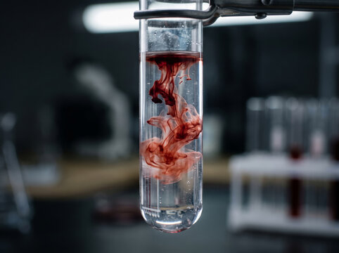 Red liquid diffusing in a glass test tube held by a laboratory clamp in a dark lab