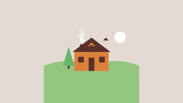 Minimalist flat design illustration of a small cottage on a green hill with sun and tree background.