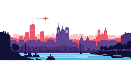 Obraz premium Stylized Lyon City Skyline Illustration at Sunset