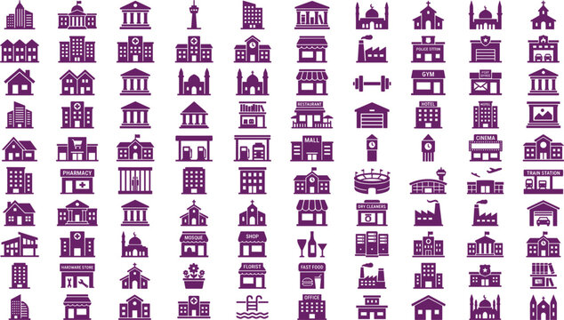 City public buildings purple glyph icons mega set containing house office hospital school mosque church shop and real estate silhouettes