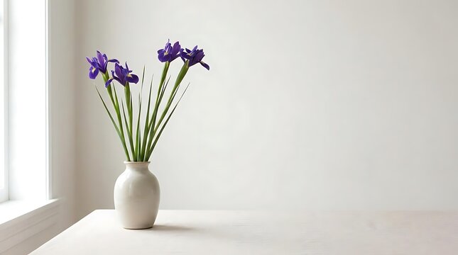 Purple iris flowers in a white vase on a table with soft light