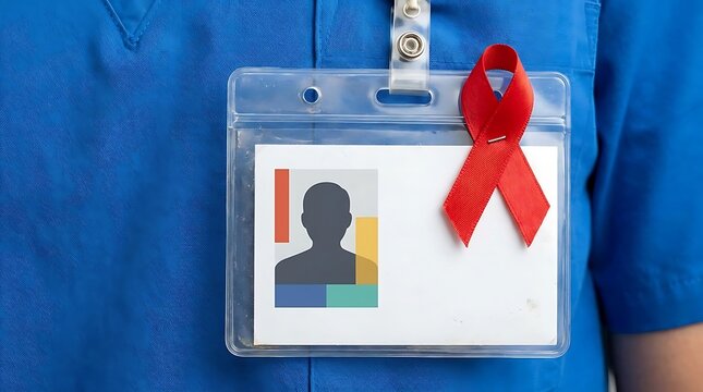 Red ribbon aids awareness symbol on healthcare worker identification badge