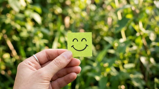 Hand holding a small green sticky note with a hand-drawn smiley face against a blurred natural garden background