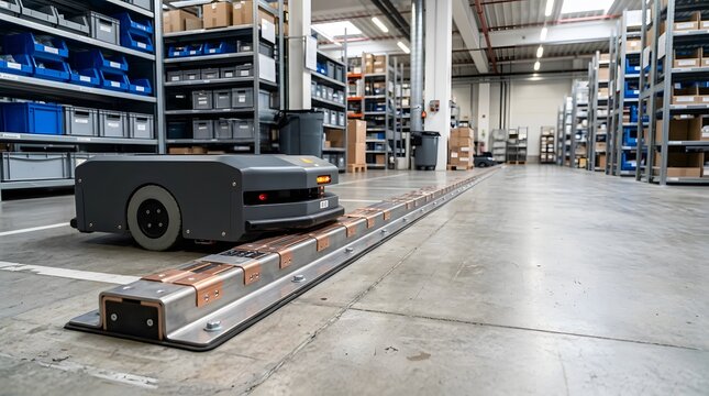 embedded warehouse robotic charging rail supporting autonomous mobile robots in modern fulfillment and industrial automation facilities