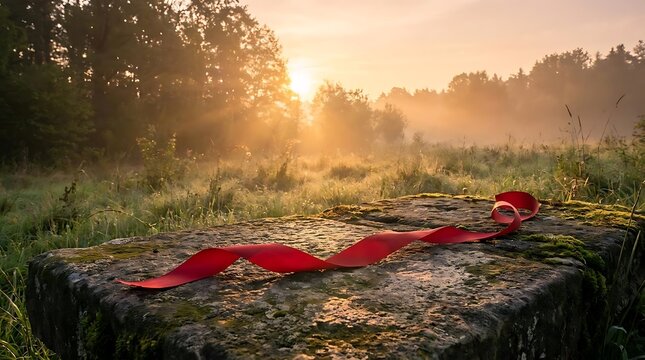 Red ribbon unfurling on stone in misty forest sunrise light
