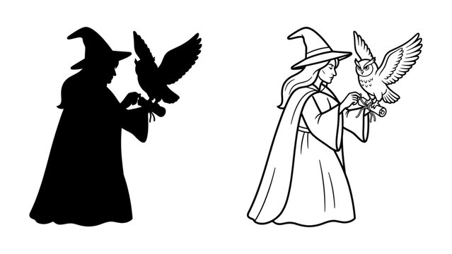 Witch with Owl: A stylized illustration of a witch in a pointed hat and flowing cape, holding an owl, presented in both silhouette and line art forms.