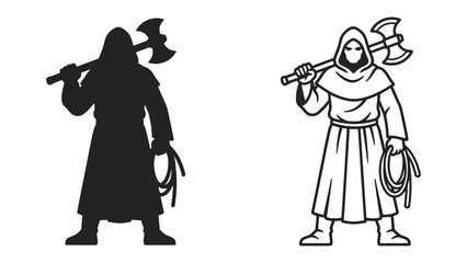 Executioner with Axe and Whip: A robed figure, potentially an executioner, stands with a double-headed axe over their shoulder and a whip in hand, depicted in both silhouette and line art style. © Raima