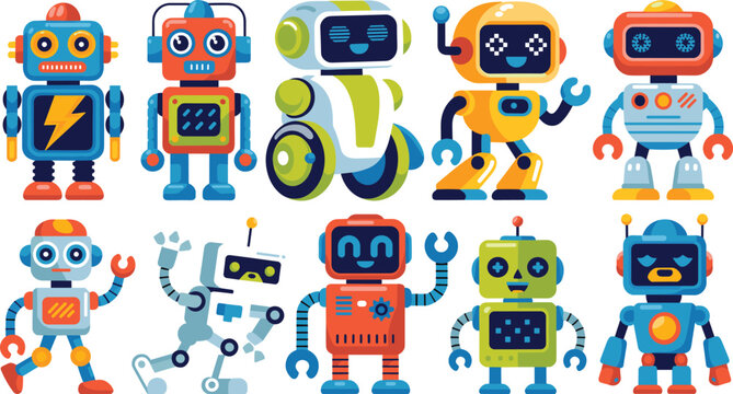 Cute Cartoon Robot Character Set with Colorful Futuristic Cyborg Toy Monsters and Friendly Artificial Intelligence Friendly Vectors for Kids Graphic Designs