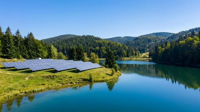 Renewable energy solar panel array on grassy hill next to clear lake surrounded by forest