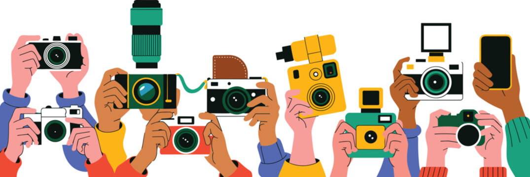 Hands Holding Diverse Retro Cameras and Mobile Phones Vector Illustration for Photography Media Journalism Paparazzi or Creative Content Creator Concepts