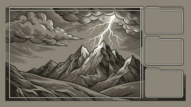 Stormy mountain landscape framed vector vintage monochrome illustration.