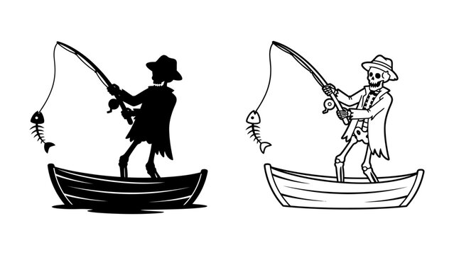 Skeleton Fisher on a Boat: A skeleton in a hat and suit fishes from a boat, reeling in a fish skeleton. Available in both silhouette and outline versions.