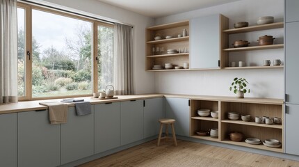 Fototapeta premium Modern kitchen with built-in shelves and large windows. Bright minimalist interior featuring open storage and natural lighting for home design