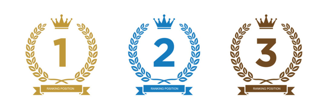 Ranking badge first second third place award vector icon set with laurels