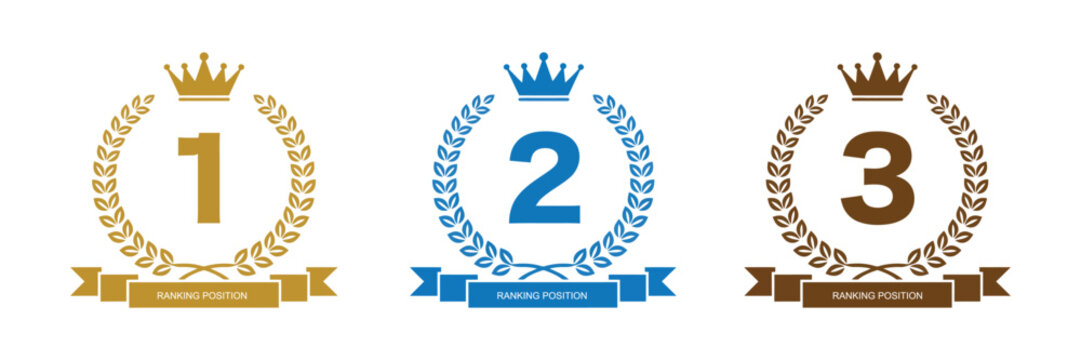 Ranking badge first second third place award vector icon set with laurels