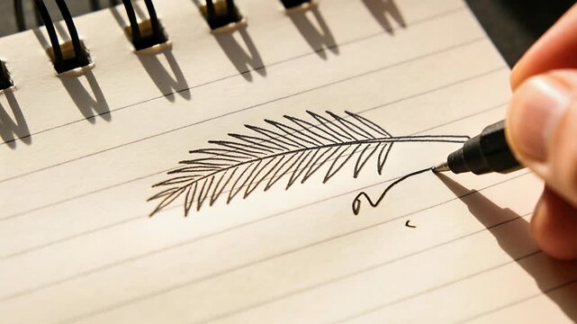 Entering right hand with black fineliner drawing feather on spiral notebook, refining details
