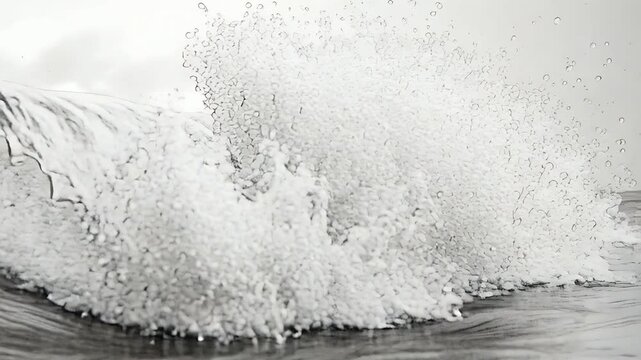 Rising swell from left midground curling wave into hollow barrel at grayscale ocean, creating foam