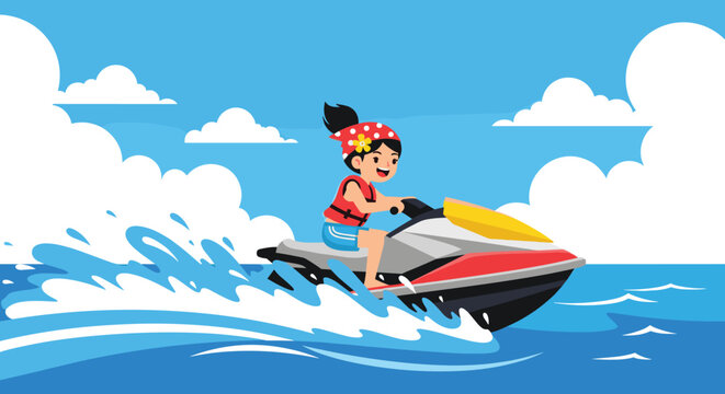 Happy young girl wearing a red headband and life vest riding a fast jet ski through blue ocean waves under a cloudy sky.