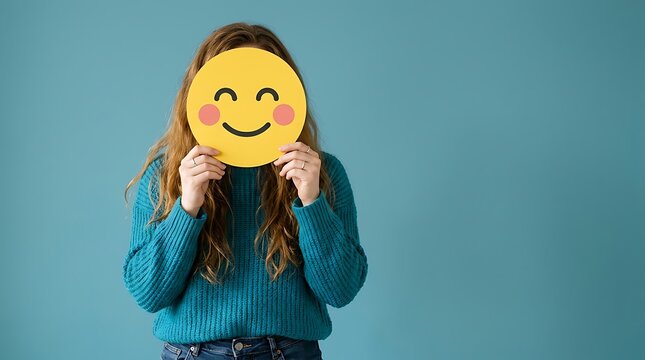 Young woman holding a yellow smiley face sign over her face to express happiness against a solid blue studio background