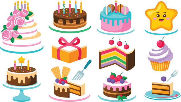 cake, birthday, dessert, sweet, cupcake, celebration, party, candle, chocolate, slice, rainbow, strawberry, cherry, berry, star, gift, present, box, bakery, pastry, food, cream, frosting, icing, colle