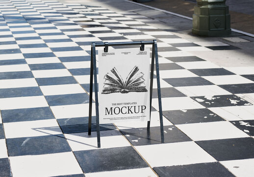 Mockup Of Customizable A-Frame Sign On Tiled Floor