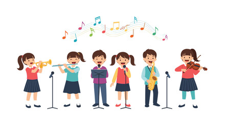 Fototapeta premium Talented group of children perform together in a school band playing instruments like the trumpet, flute, saxophone, and violin.