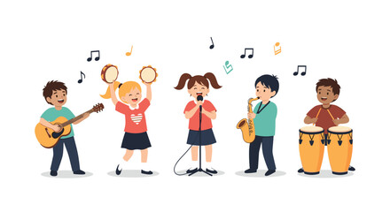 Fototapeta premium Diverse group of children have a great time playing musical instruments like the guitar, drums, and saxophone together.