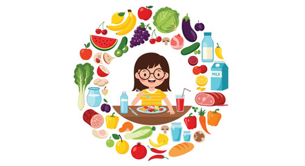 Fototapeta premium Young girl sitting at a table and eating a healthy meal surrounded by a circular arrangement of diverse fresh food items.
