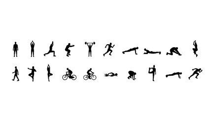 Obraz premium Collection of Black Silhouette Icons Representing Diverse Fitness and Sport Activities, Isolated on White