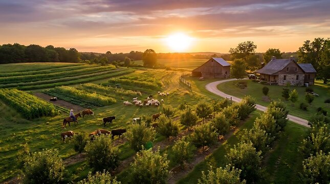 Rural landscape with farm buildings and livestock at sunset
