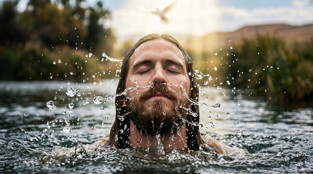 John the Baptist baptizing Jesus in the Jordan River. A dove descending from the sky. New testament holy spirit scene