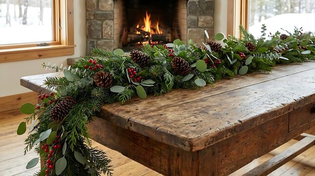 Rustic holiday garland on wooden table with fireplace background