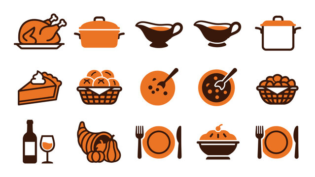 Thanksgiving food icons set, traditional holiday meal